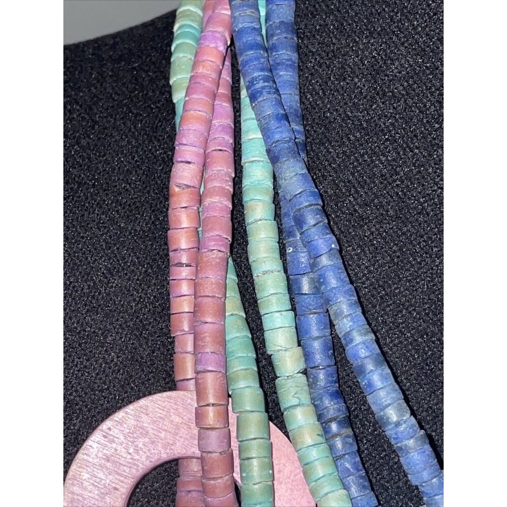 Vintage multi strand multi color purple green & blue wood beaded necklace Circle - Picture 6 of 15